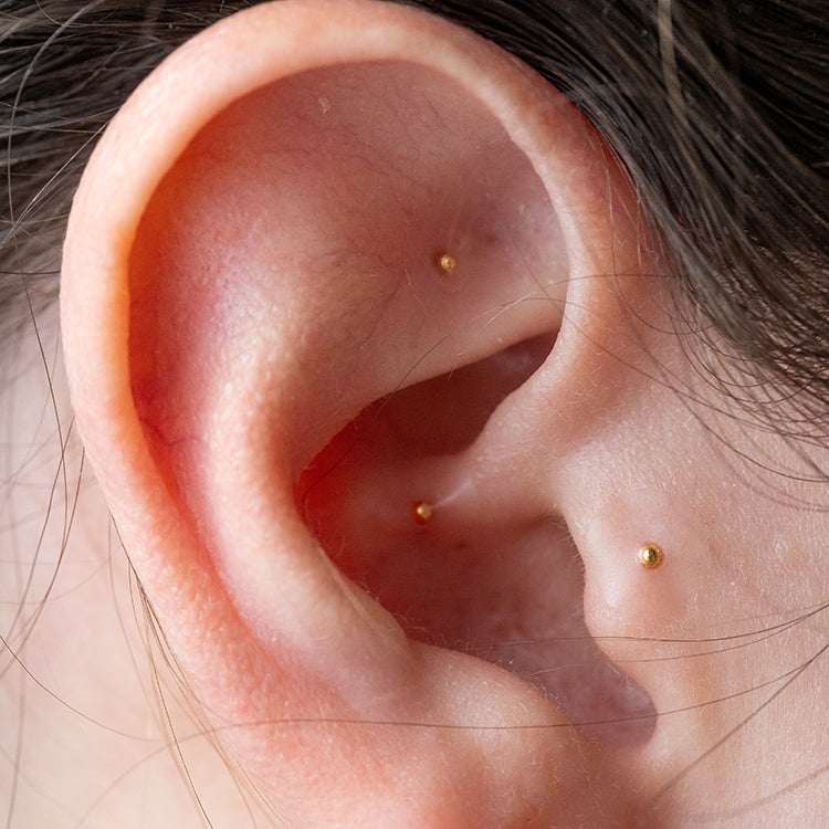 An ear with 3 little gold ear seeds which look like the tip of a small needle or pin.
