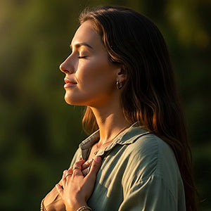 Woman with eyes closed and a peaceful expression, standing in a natural setting with soft lighting.