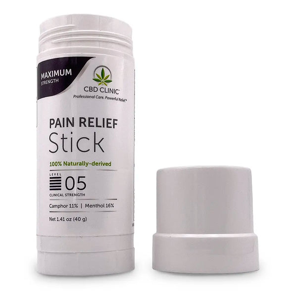 Maximum Strength. 100% naturally-derived. Level 05 Clinical Strength. Camphor 11%. Menthol 16%. Net 1.41 oz (40g). White cylinder stick with back and green label.