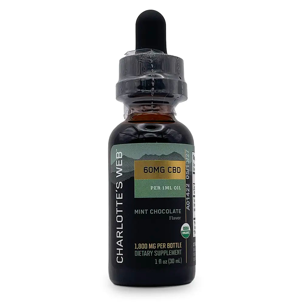 Mint Chocolate Flavor. 60 MG CBD per 1 ML Oil. 1,800 MG Per Bottle. Dietary Supplement. 1 fl oz. (30 mL).
Brown bottle with green and black label.