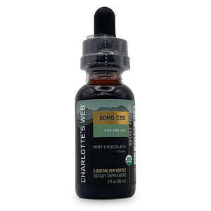 Mint Chocolate Flavor. 60 MG CBD per 1 ML Oil. 1,800 MG Per Bottle. Dietary Supplement. 1 fl oz. (30 mL).
Brown bottle with green and black label.