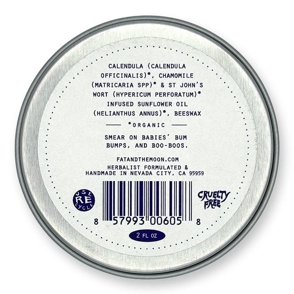 Round metal container with dark purple label and half-moon face.