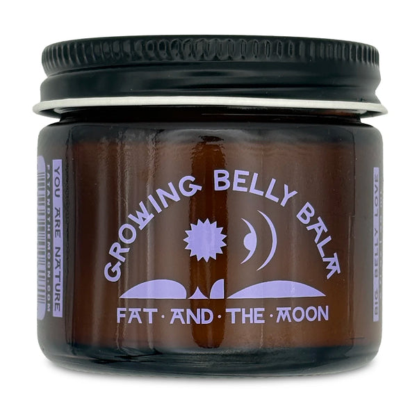 Brown glass jar with purple text and sideways half-moon illustration.