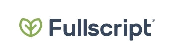 Fullscript logo with green heart leaf symbol and blue text.