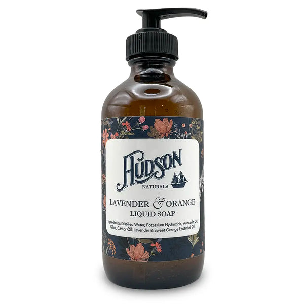 Ingredients: Distilled Water, Potassium Hydroxide, Avocado Oil, Olive, Castor Oil, Lavender &Sweet Orange Essential Oil.
Brown pump bottle with blue floral label.