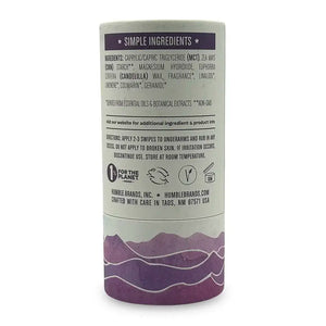 Back label of Humble Mountain Lavender deodorant. White and purple cylinder package.