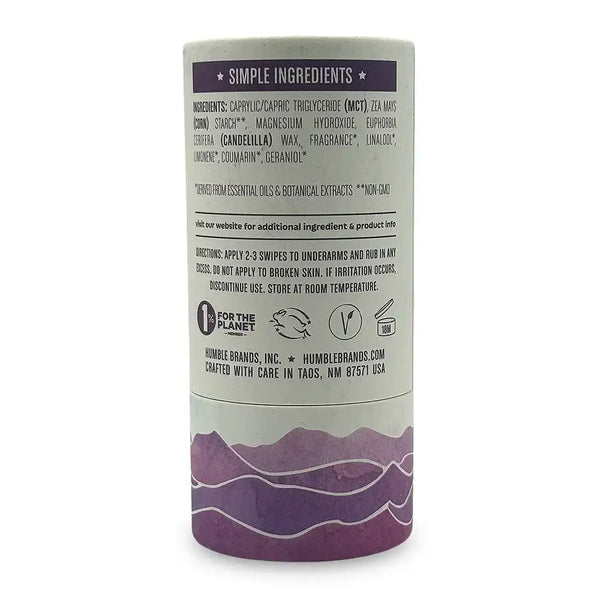 Back label of Humble Mountain Lavender deodorant. White and purple cylinder package.