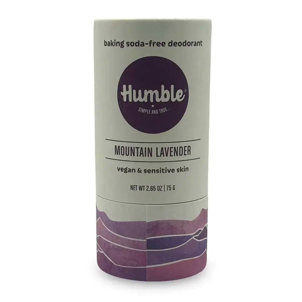 Humble baking soda-free deodorant stick in mountain lavender scent. Vegan & sensitive skin. Net Wt 2.65 Oz / 75 G. White and purple cylinder.