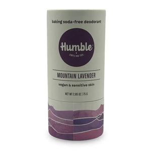 Humble baking soda-free deodorant stick in mountain lavender scent. Vegan & sensitive skin. Net Wt 2.65 Oz / 75 G. White and purple cylinder.