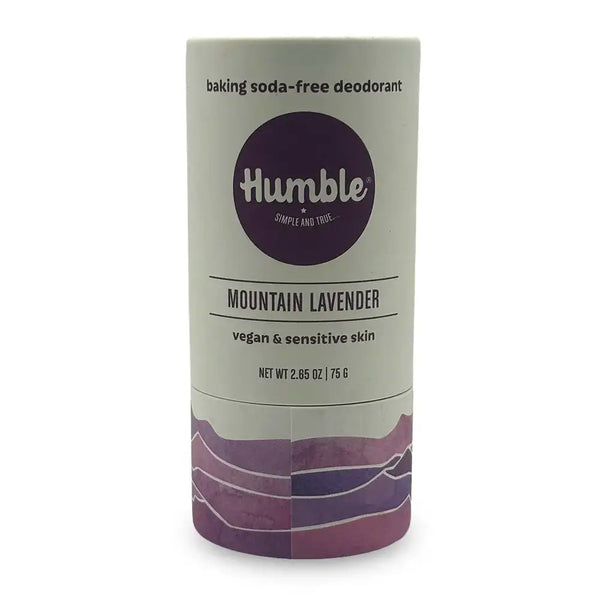 Humble baking soda-free deodorant stick in mountain lavender scent. Vegan & sensitive skin. Net Wt 2.65 Oz / 75 G. White and purple cylinder.