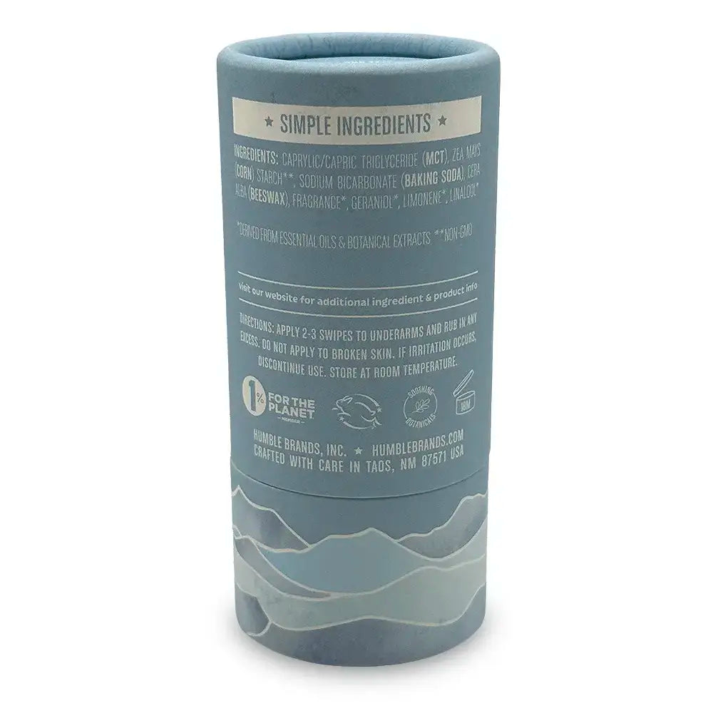 Humble aluminum-free deodorant stick, Rosemary & Mint, original formula. Net Wt 2.65 Oz / 75 G. Blue and off-white cylinder package.