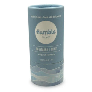 Humble aluminum-free deodorant stick, Rosemary & Mint, original formula. Net Wt 2.65 Oz / 75 G. Blue and off-white cylinder package.