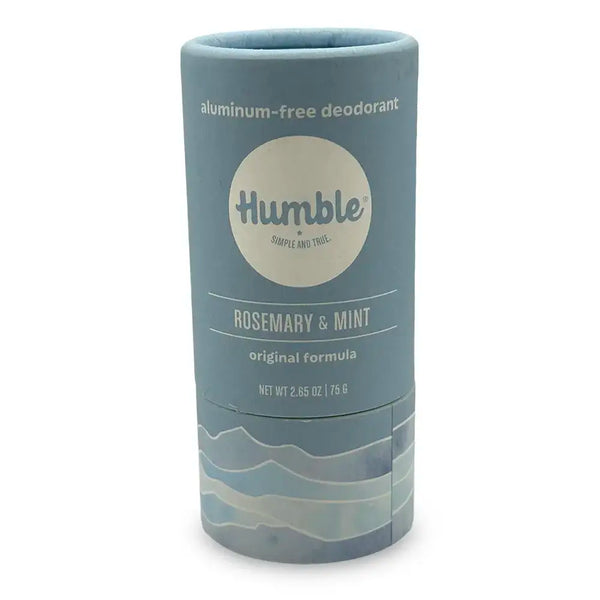Humble aluminum-free deodorant stick, Rosemary & Mint, original formula. Net Wt 2.65 Oz / 75 G. Blue and off-white cylinder package.