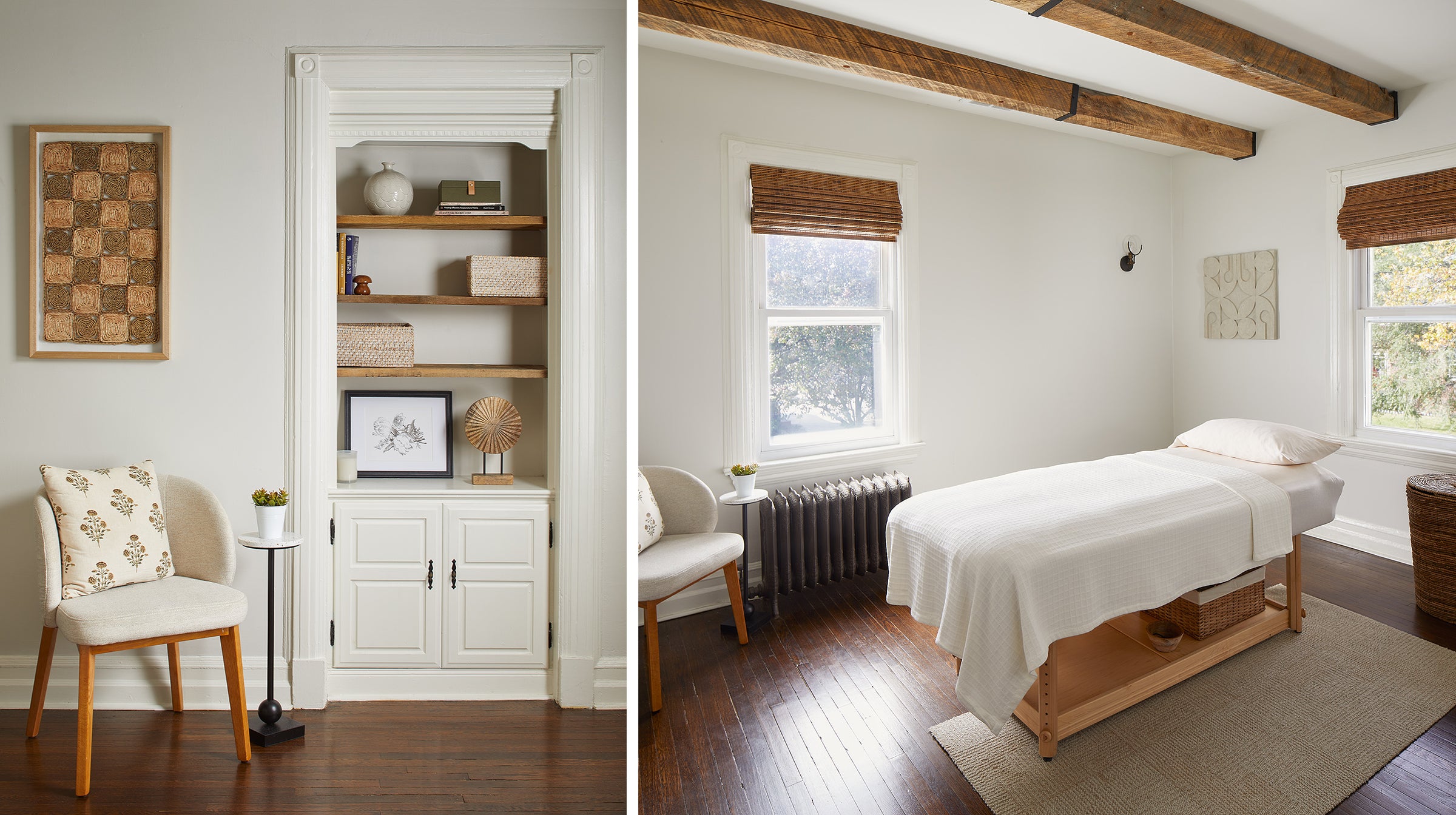 Two views of a treatment room at JWell. One shows a nook area with built-in bookcase, cabinet, and chair. The other shows the white ceiling with wood beams, 2 windows, and acupuncture bed.