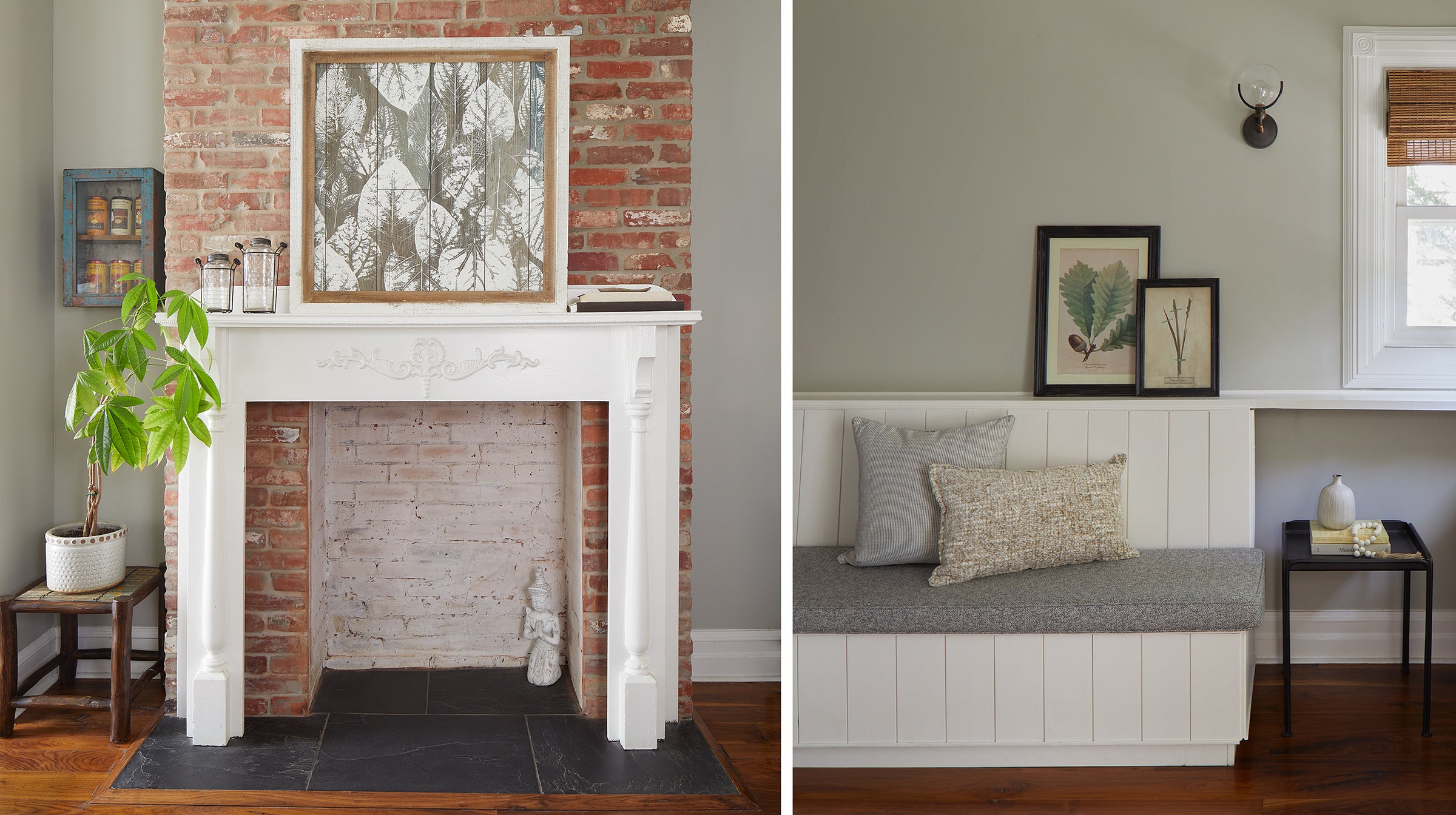 Two views of the JWell waiting room. One is of a white fireplace against a brick wall. The other shows the cozy built-in bench and the window.