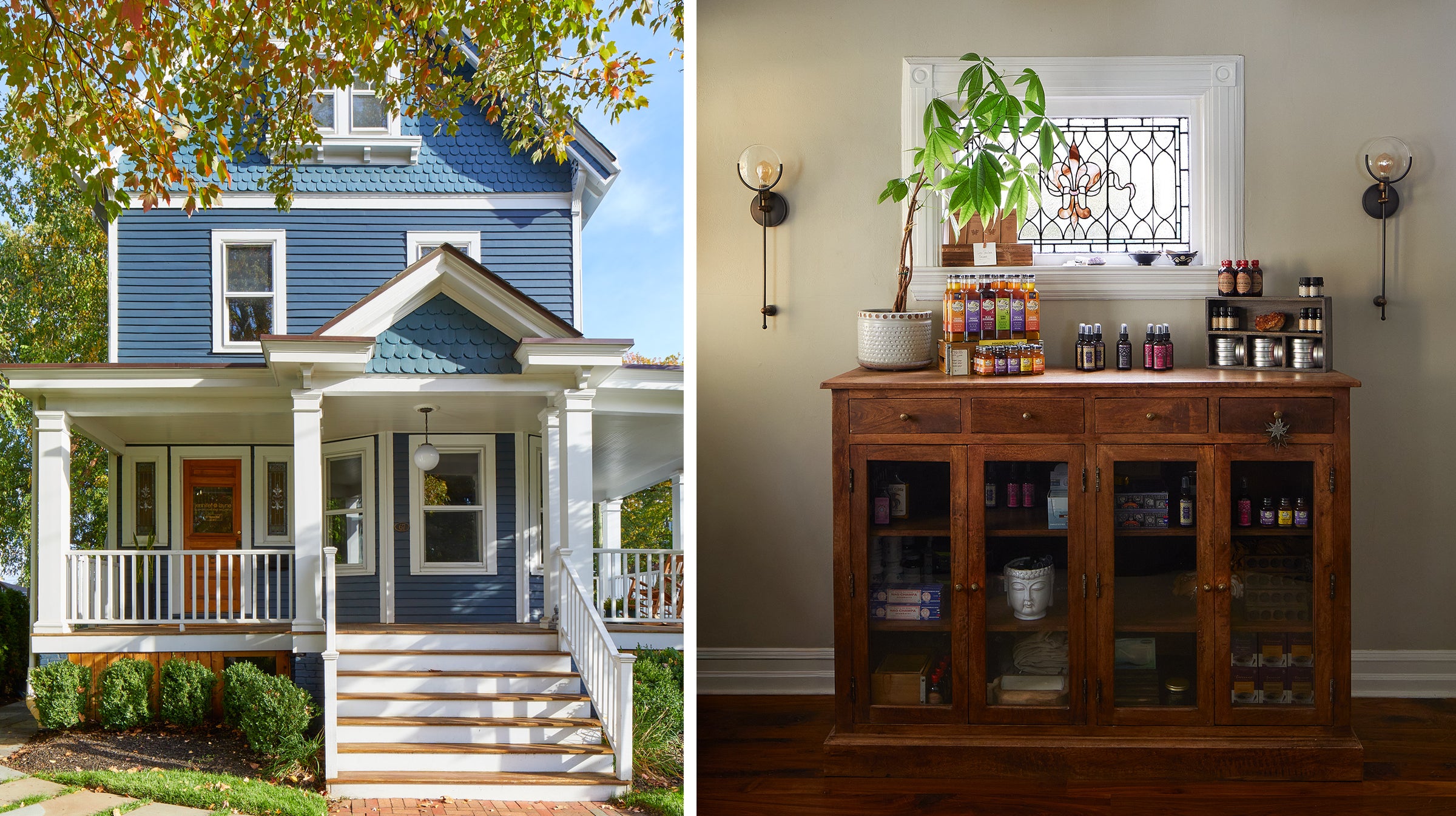 Two views: One is the office exterior – a blue house with white porch and steps, surrounded by greenery. The other is the reception room merch area, with a stained glass window on the wall, and a wooden cabinet holding wellness products.