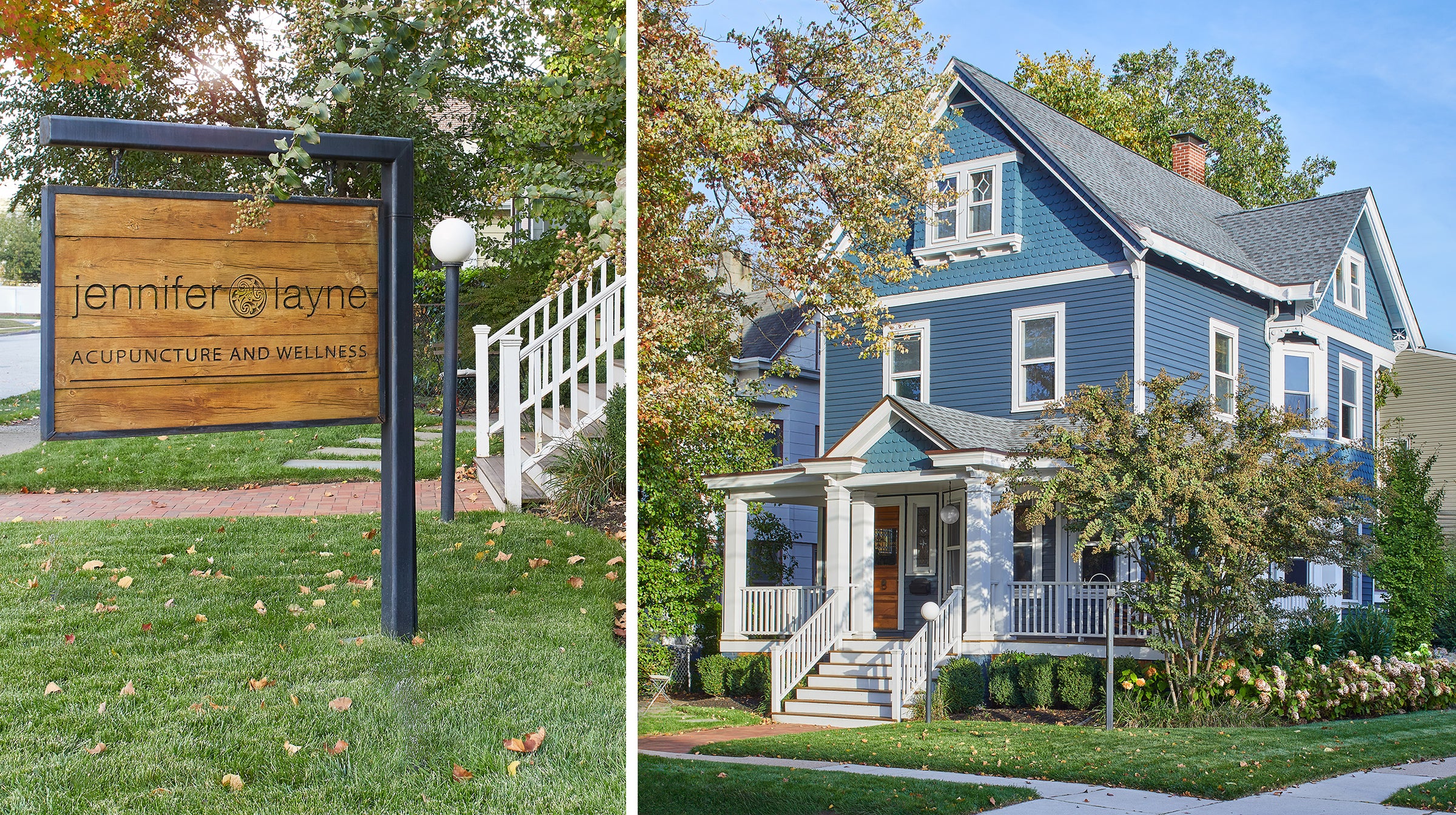 Two views: one of a wooden sign for Jennifer Layne Acupuncture and Wellness in the front yard, and another of the office --  a blue 3-story house with a white porch and steps.