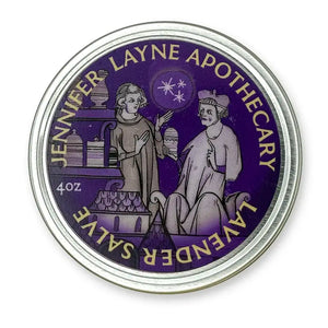 Round metal container of 4 oz  lavender salve labeled 'Jennifer Layne Apothecary' with purple background.