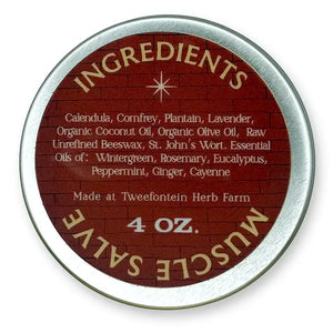 Round metal container of 4 oz muscle slave with  red 'Ingredients' label.