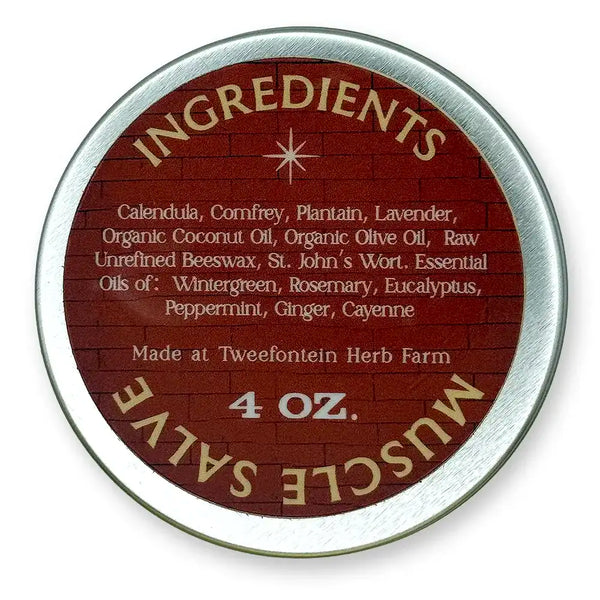 Round metal container of 4 oz muscle slave with  red 'Ingredients' label.
