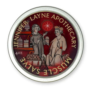 Round metal container of 4 oz muscle salve with 'Jennifer Layne Apothecary' branding on a red label.