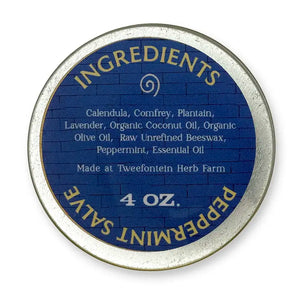 Round metal container of 4 oz peppermint slave with blue 'Ingredients' label.