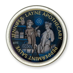 Round metal container of 4 oz peppermint salve with 'Jennifer Layne Apothecary' branding on a blue label.