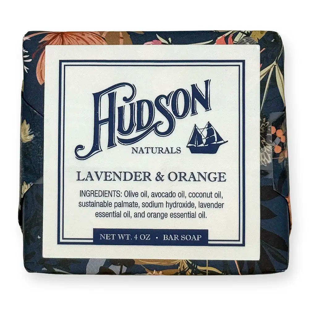 Hudson Naturals, Lavender & Orange. Bar Soap.
Ingredients: Olive oil, avocado oil, coconut oil, sustainable palmate, sodium hydroxide, lavender essential oil, and orange essential oil.
Net Wt. 4 Oz.
Blue and peach floral packaging.