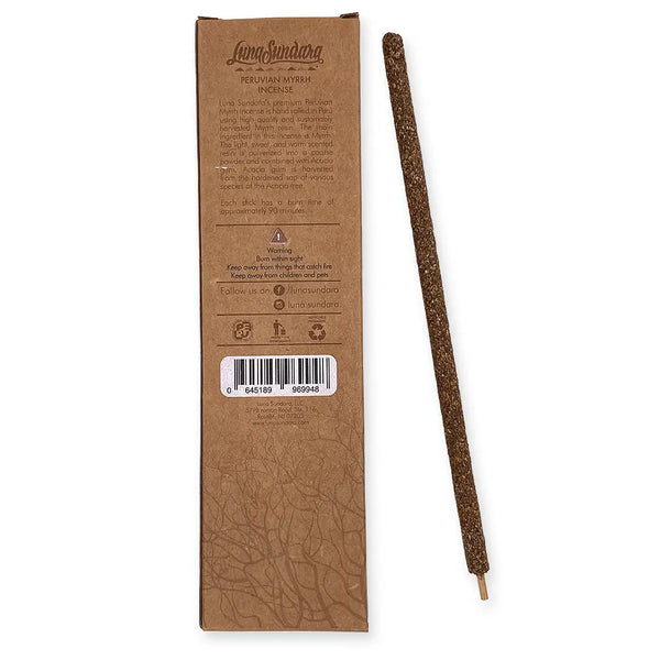 Luna Sundara’s premium Peruvian Myrrh incense is hand rolled in Peru using high quality and sustainably harvested Myrrh resin. The main ingredient in this incense is Myrrh. The light, sweet, and warm scented resin is pulverized into a coarse powder and combined with Acacia gum. Acacia gum is harvested from the hardened sap of various species of the Acacia tree.
Each stick has a burn time of approximately 90 minutes.