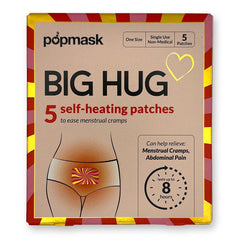 Light-brown, red, and yellow box with illustration of patch on abdomen area of underwear.