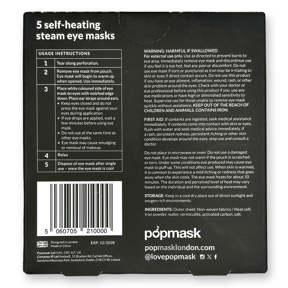 Front of black and white box with star pattern and  illustration of a face with eye mask on.