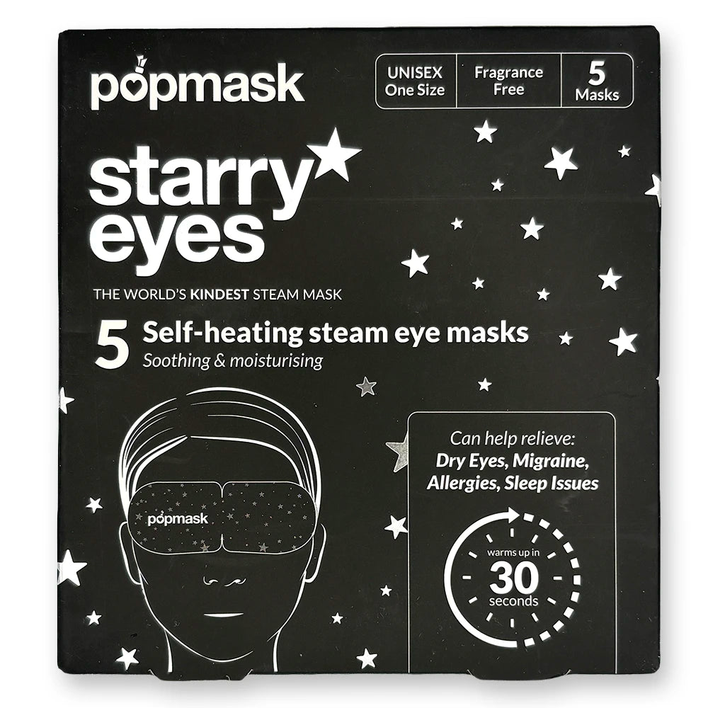 Front of black and white box with star pattern and  illustration of a face with eye mask on.
