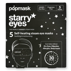 Front of black and white box with star pattern and  illustration of a face with eye mask on.