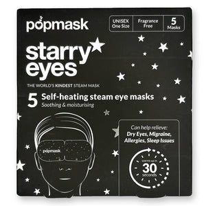 Front of black and white box with star pattern and  illustration of a face with eye mask on.