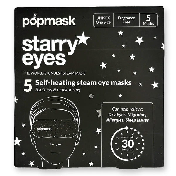 Front of black and white box with star pattern and  illustration of a face with eye mask on.