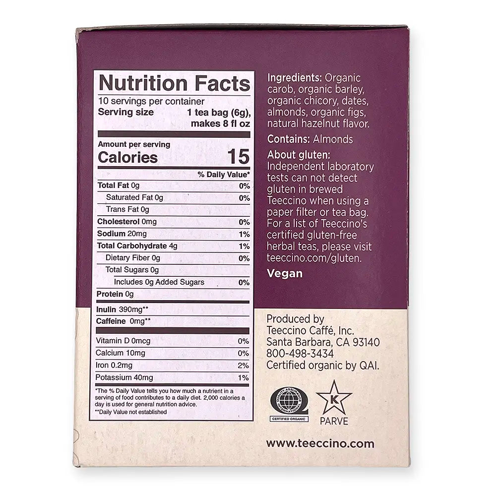 Teeccino Roasted Herbal Tea, Hazelnut. Made With Organic Herbs. Prebiotic. Acid Free. Caffeine Free. Mediterranean Blend. 3x More Herbs. 10 Tea Bags. Net Wt 2.12 Oz / 60g. Maroon, cream, and mustard-yellow package.