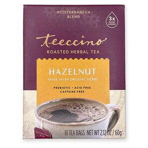 Teeccino Roasted Herbal Tea, Hazelnut. Made With Organic Herbs. Prebiotic. Acid Free. Caffeine Free. Mediterranean Blend. 3x More Herbs. 10 Tea Bags. Net Wt 2.12 Oz / 60g. Maroon, cream, and mustard-yellow package.