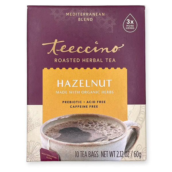 Teeccino Roasted Herbal Tea, Hazelnut. Made With Organic Herbs. Prebiotic. Acid Free. Caffeine Free. Mediterranean Blend. 3x More Herbs. 10 Tea Bags. Net Wt 2.12 Oz / 60g. Maroon, cream, and mustard-yellow package.