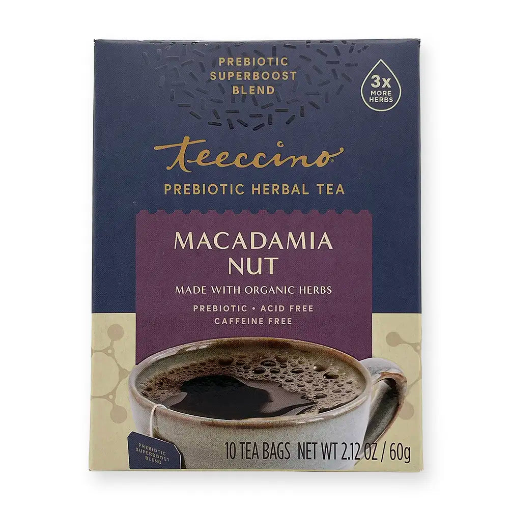 Teeccino Prebiotic Herbal Tea, Macadamia Nut. Made with organic herbs. Acid free. Caffeine Free. Prebiotic Superboost Blend. 3x More Herbs. 10 Tea Bags. Net Wt. 2.12 Oz / 60g. Blue/cream/purple box.