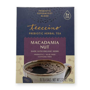 Teeccino Prebiotic Herbal Tea, Macadamia Nut. Made with organic herbs. Acid free. Caffeine Free. Prebiotic Superboost Blend. 3x More Herbs. 10 Tea Bags. Net Wt. 2.12 Oz / 60g. Blue/cream/purple box.