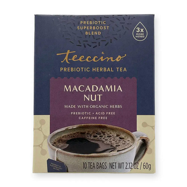 Teeccino Prebiotic Herbal Tea, Macadamia Nut. Made with organic herbs. Acid free. Caffeine Free. Prebiotic Superboost Blend. 3x More Herbs. 10 Tea Bags. Net Wt. 2.12 Oz / 60g. Blue/cream/purple box.