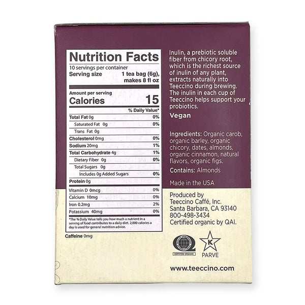 Ingredients: Organic carob, organic barley, organic chicory, dates, almonds, organic cinnamon, natural flavors, organic figs.
Contains: Almonds.