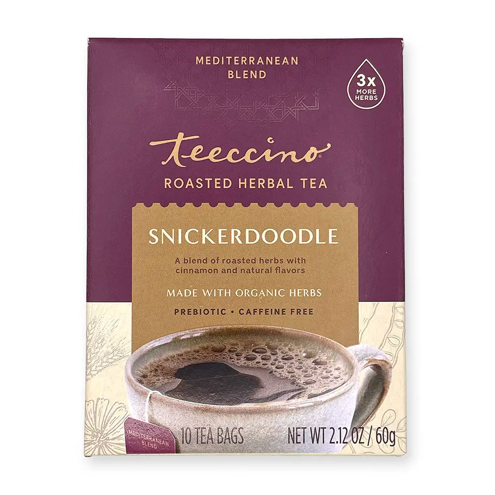 Teeccino Roasted Herbal Tea, Snickerdoodle. Mediterranean Blend. 3x More Herbs. A blend of roasted herbs with cinnamon and natural flavors. Made with organic herbs. Prebiotic. Caffeine Free. 10 Tea Bags. Net Wt 2.12 Oz / 60g. Maroon, cream, mustard-yellow package.