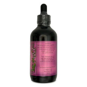 Dark bottle with dropper cap and ingredients listed on pink/purple label.