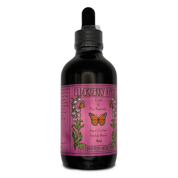 Front of dark bottle with dropper cap and pink/purple label with orange butterflies.