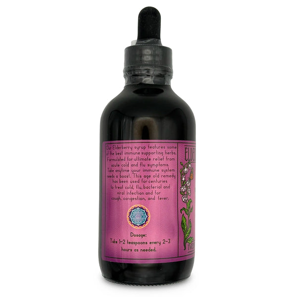 Dark bottle with dropper cap and descriptions and dosage on the pink/purple label.