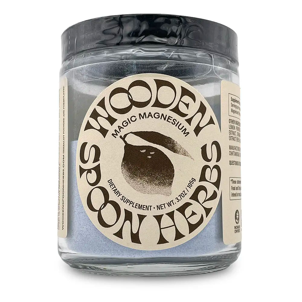 Wooden Spoon Herbs Magic Magnesium. Dietary Supplement. Net Wt. 3.7Oz. / 105g.
Jar containing blue powder.