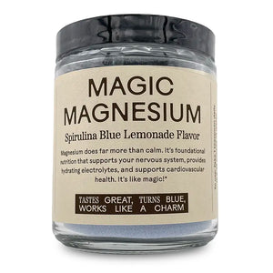 Magic Magnesium. Spirulina Blue Lemonade Flavor. 
Jar containing blue powder.